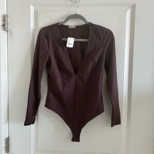 Free People Intimately V Neck Bodysuit Top Brown Medium
